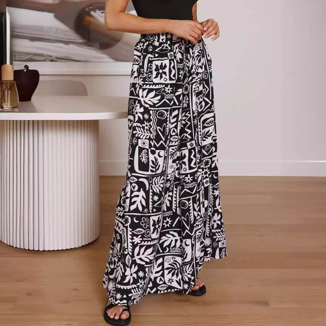 Flowers Printed Wide-leg Trousers Summer Casual Straight Pants For Women Beach Clothing