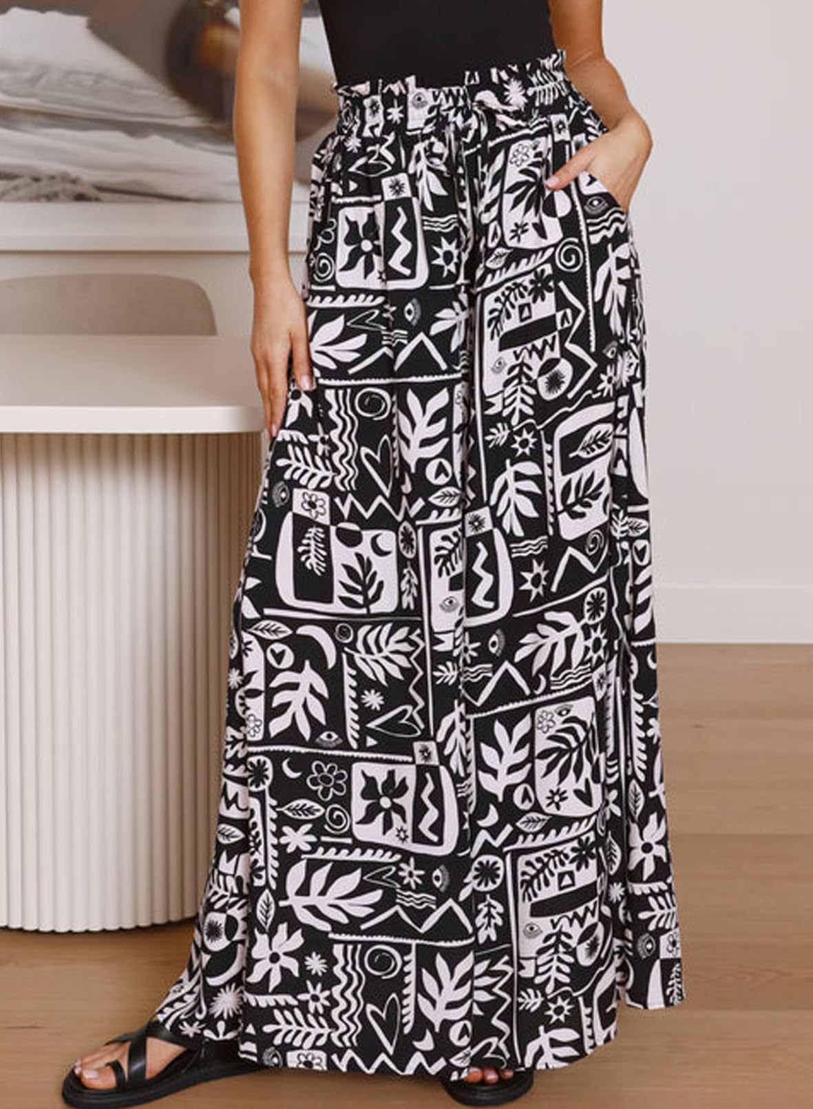 Flowers Printed Wide-leg Trousers Summer Casual Straight Pants For Women Beach Clothing