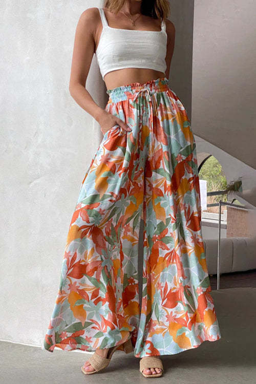 Flowers Printed Wide-leg Trousers Summer Casual Straight Pants For Women Beach Clothing