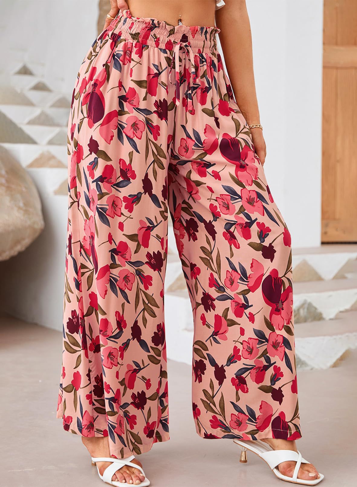 Flowers Printed Wide-leg Trousers Summer Casual Straight Pants For Women Beach Clothing