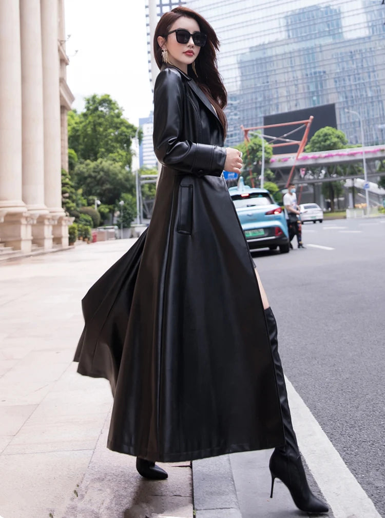 Women's Maxi fit and flare leather trench coat