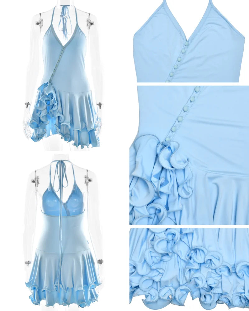 Women's A-Line Bodycon Mini Dress Ruffle Hem V-Neck Asymmetrical Buttons Long Sleeve Short Dress