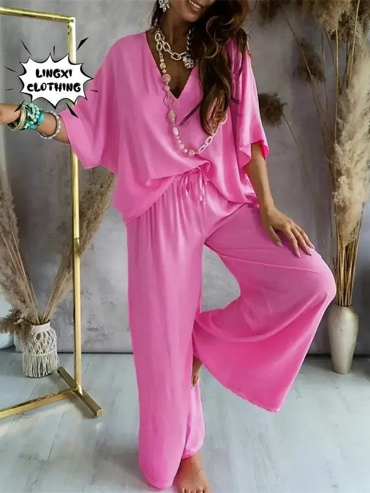 Women's Elegant Loose High Waist Plus Size  Two Piece Set