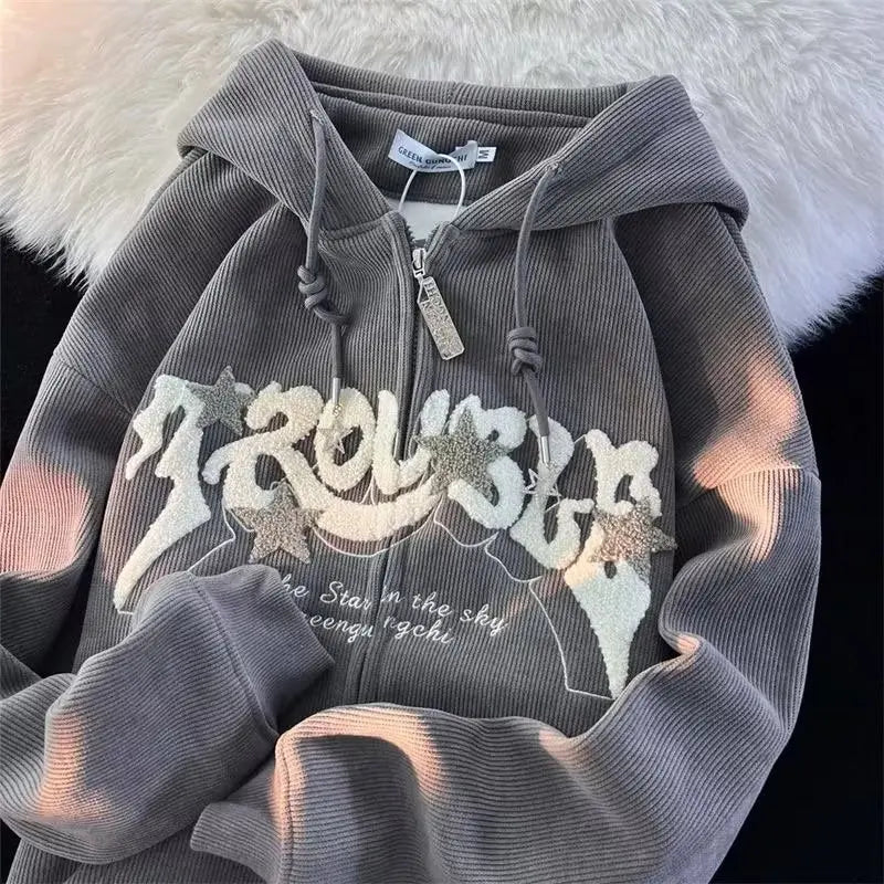 Women's Fashion Embroidery Zip Up Hoodies Sweatshirt Jacket