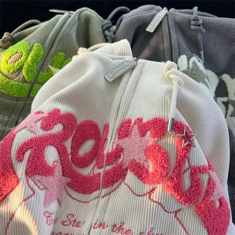 Women's Fashion Embroidery Zip Up Hoodies Sweatshirt Jacket