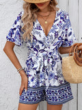 Women's V Neck Short Sleeve Plant Print Summer Jumpsuit