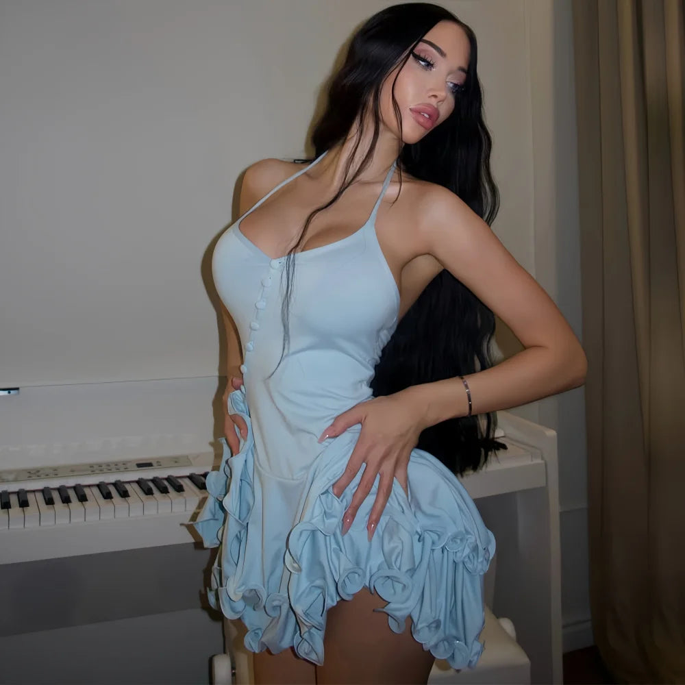 Women's A-Line Bodycon Mini Dress Ruffle Hem V-Neck Asymmetrical Buttons Long Sleeve Short Dress