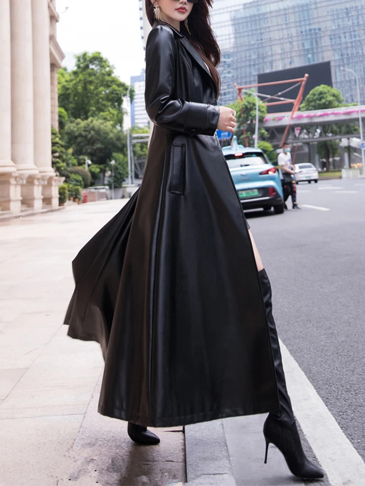 Women's Maxi fit and flare leather trench coat
