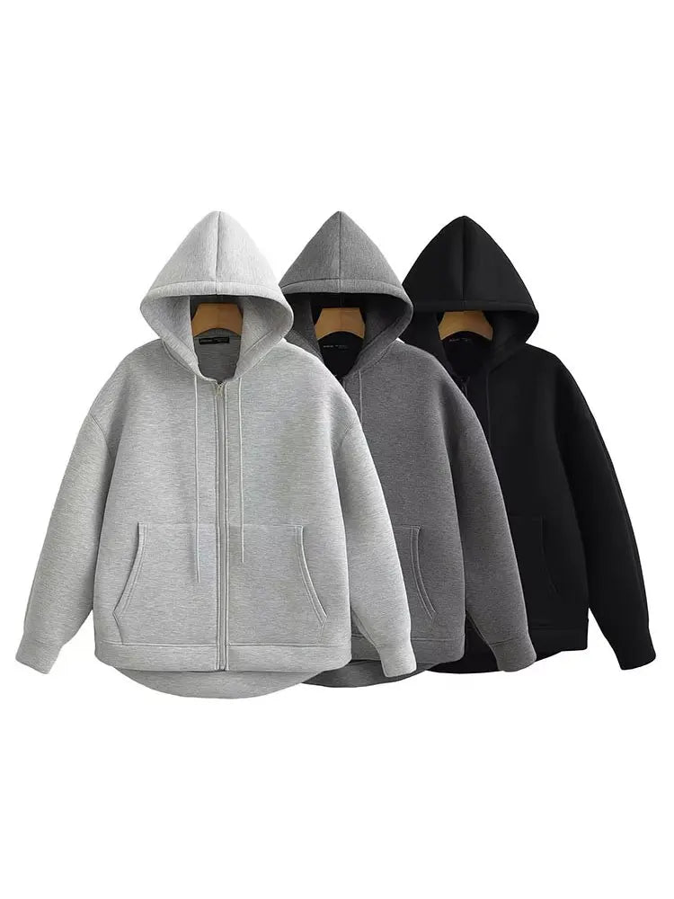 Women Gray Jacket With Hood Long Sleeve Big Pocket Zipper Jacket