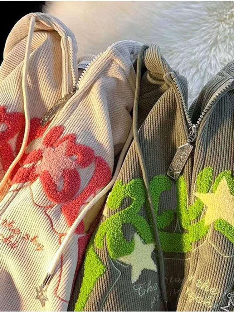 Women's Fashion Embroidery Zip Up Hoodies Sweatshirt Jacket