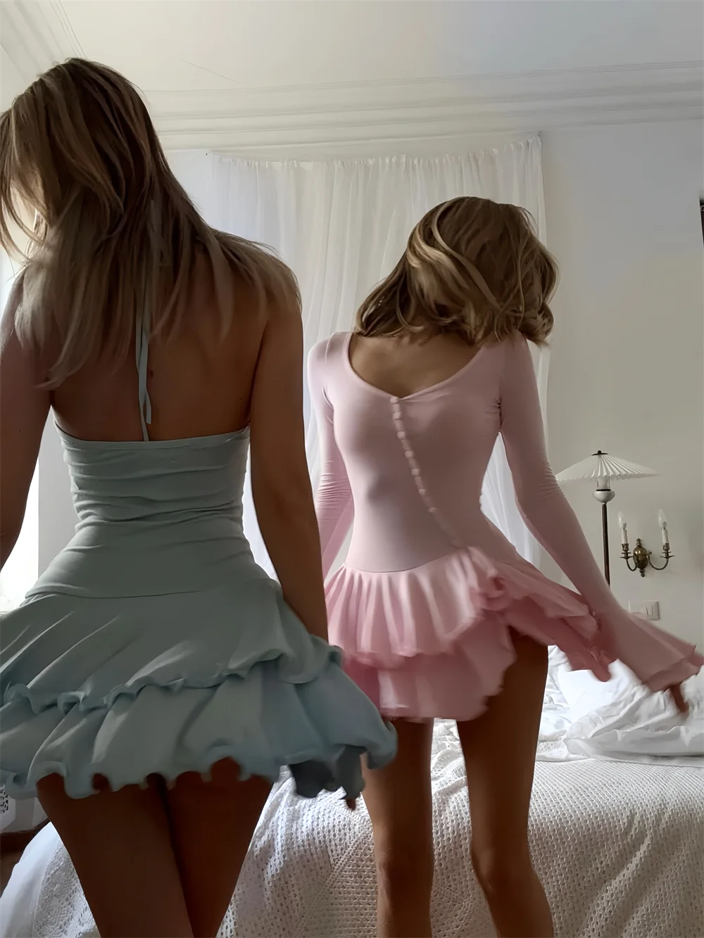 Women's A-Line Bodycon Mini Dress Ruffle Hem V-Neck Asymmetrical Buttons Long Sleeve Short Dress