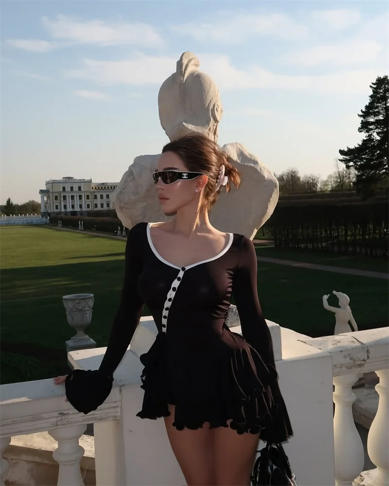 Women's A-Line Bodycon Mini Dress Ruffle Hem V-Neck Asymmetrical Buttons Long Sleeve Short Dress