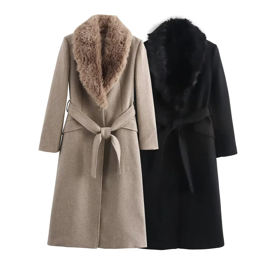 Women's Belt Warm Fur Collar Coat