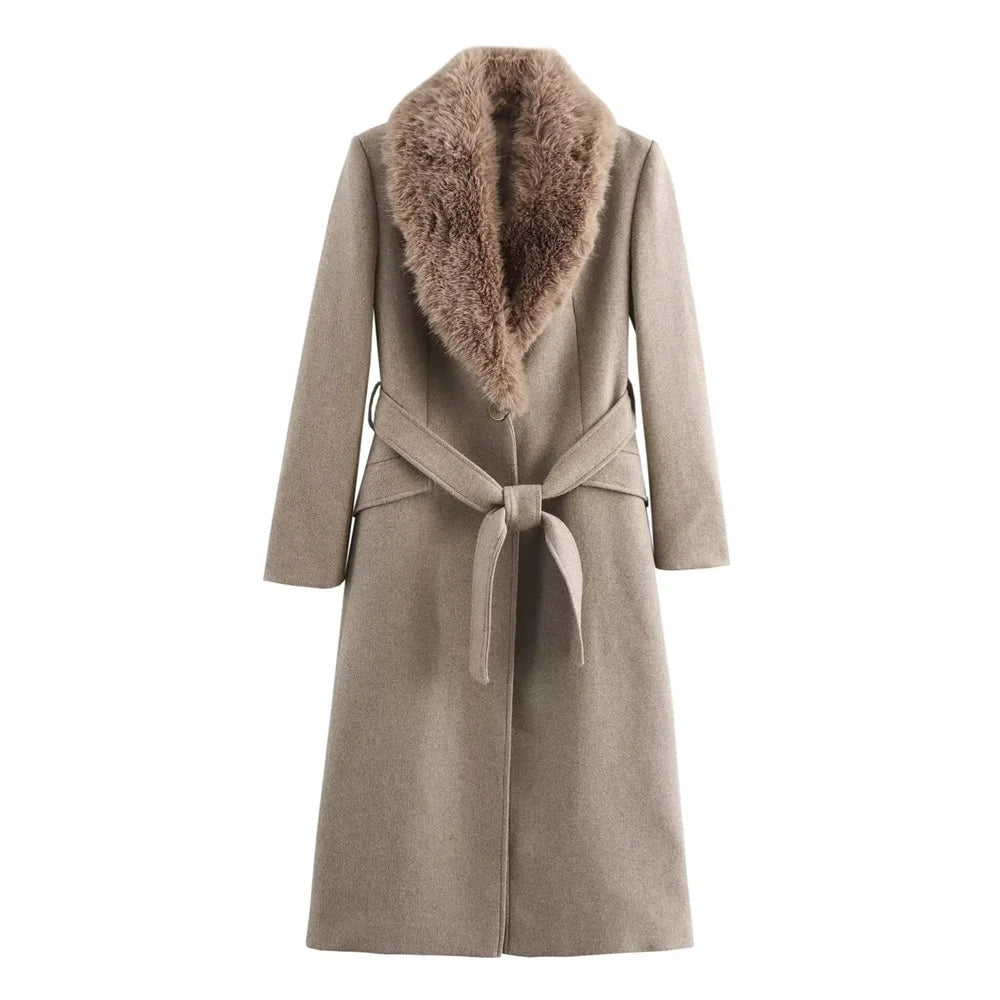 Women's Belt Warm Fur Collar Coat