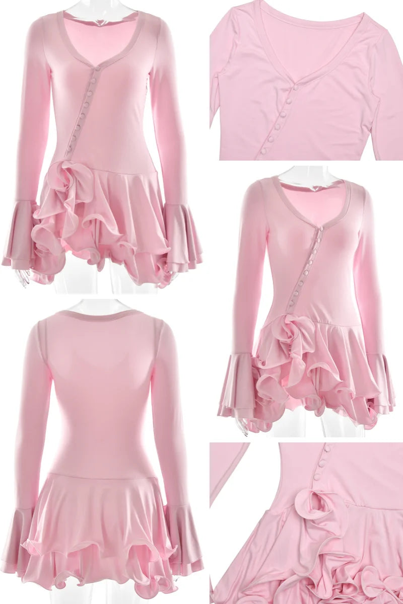 Women's A-Line Bodycon Mini Dress Ruffle Hem V-Neck Asymmetrical Buttons Long Sleeve Short Dress