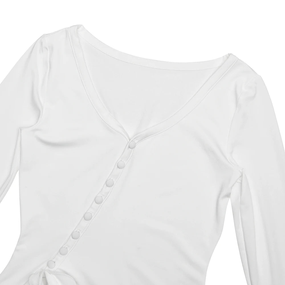 Women's A-Line Bodycon Mini Dress Ruffle Hem V-Neck Asymmetrical Buttons Long Sleeve Short Dress