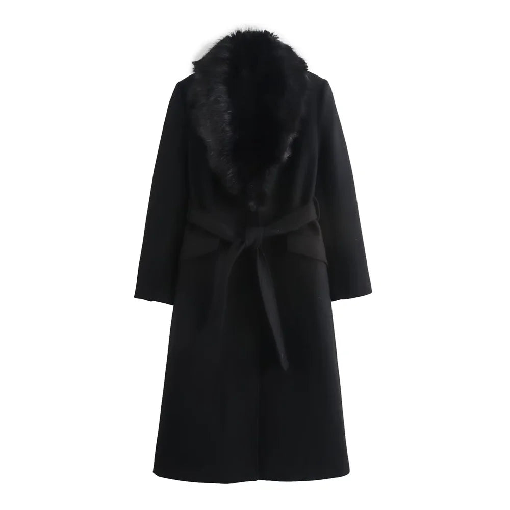 Women's Belt Warm Fur Collar Coat