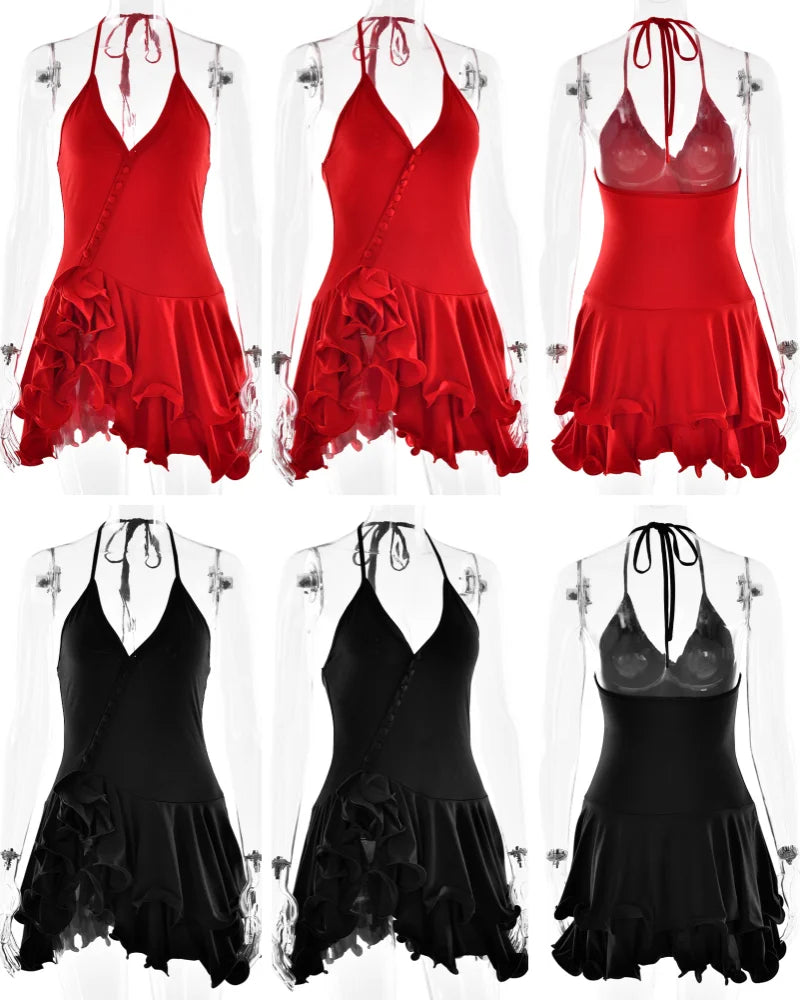 Women's A-Line Bodycon Mini Dress Ruffle Hem V-Neck Asymmetrical Buttons Long Sleeve Short Dress