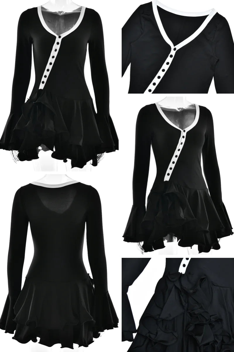 Women's A-Line Bodycon Mini Dress Ruffle Hem V-Neck Asymmetrical Buttons Long Sleeve Short Dress