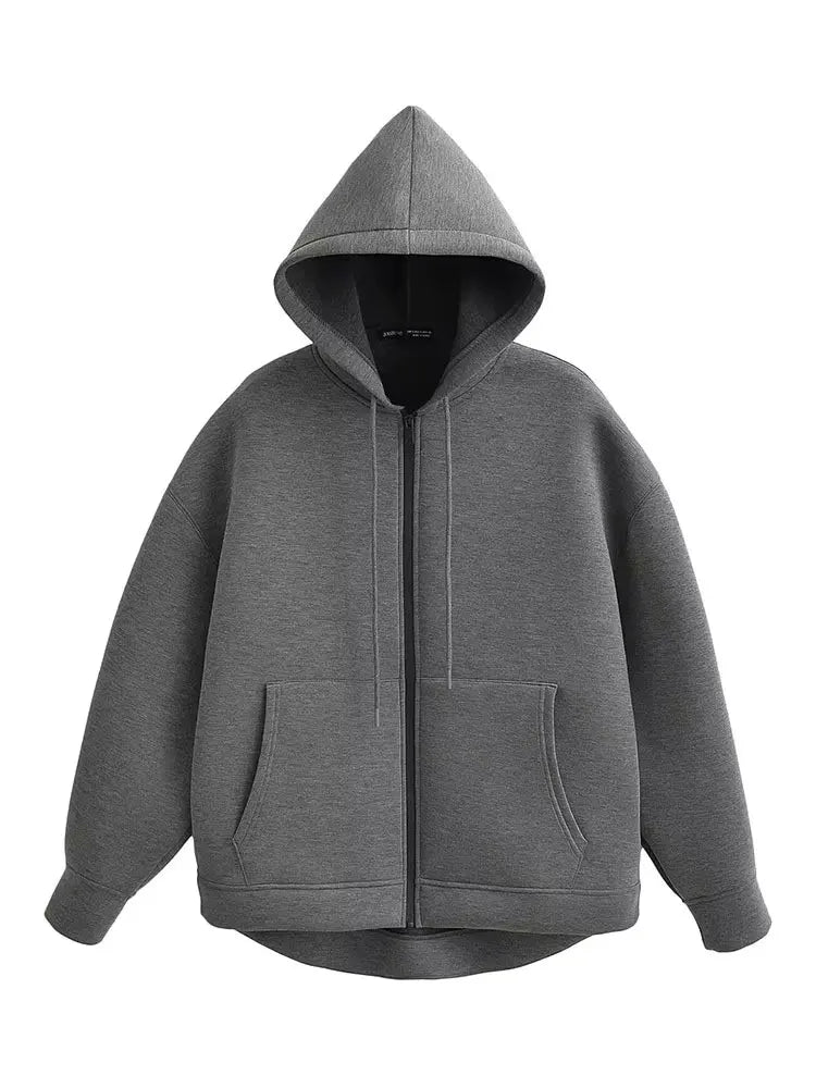 Women Gray Jacket With Hood Long Sleeve Big Pocket Zipper Jacket