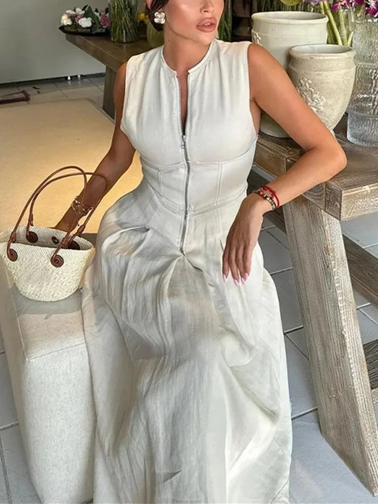 Woman Pleated Sleeveless Bodycon Summer Dress