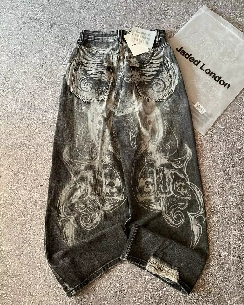 Women's Streetwear New Fashion Big Pattern Embroidered Baggy Jeans