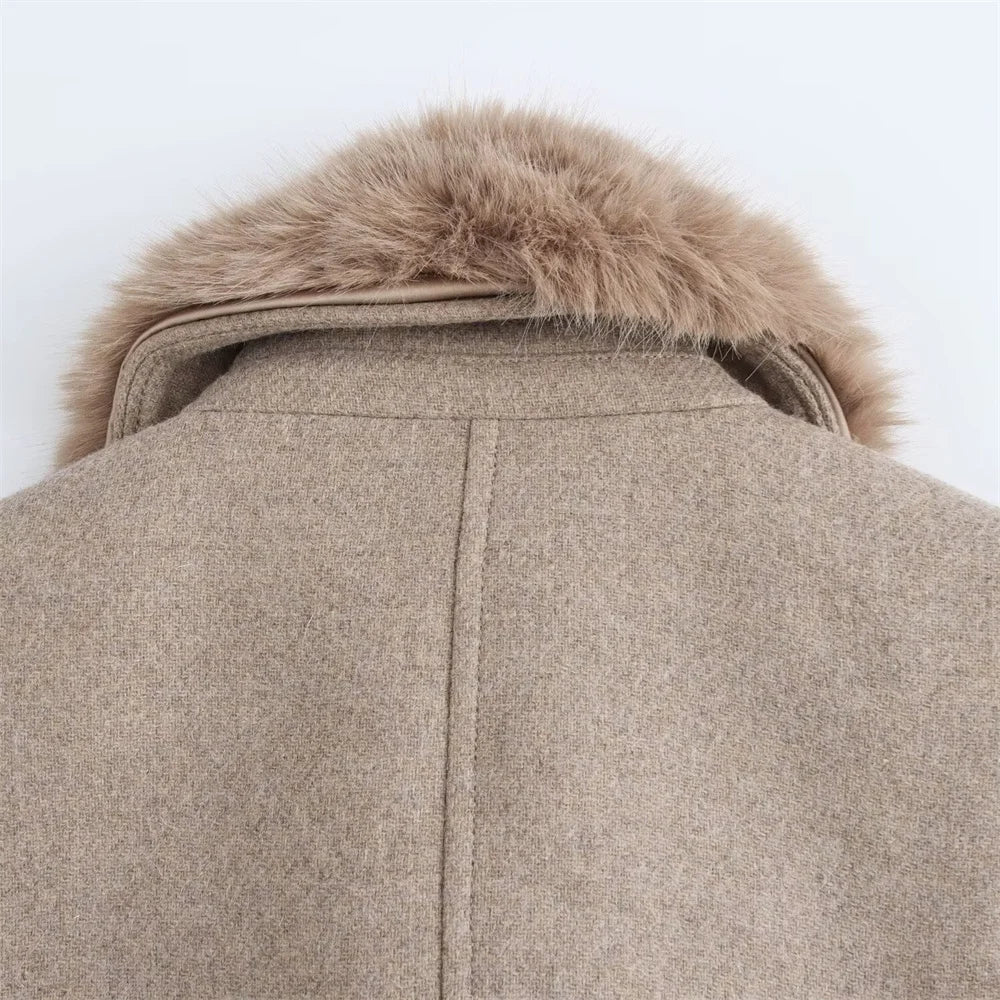 Women's Belt Warm Fur Collar Coat