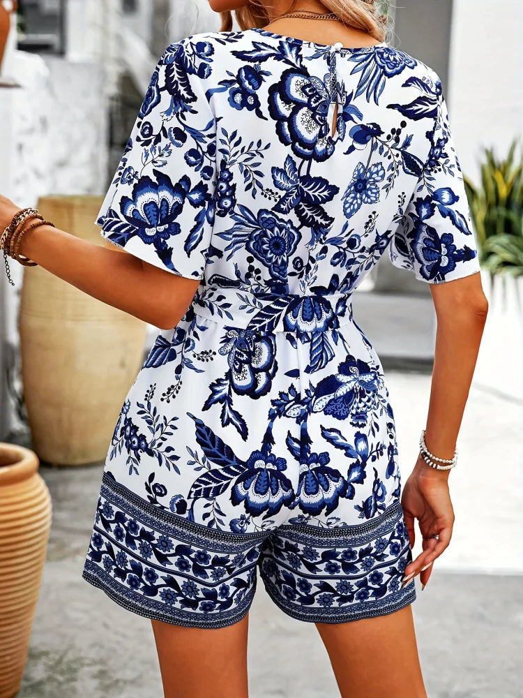 Women's V Neck Short Sleeve Plant Print Summer Jumpsuit