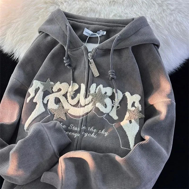 Women's Fashion Embroidery Zip Up Hoodies Sweatshirt Jacket