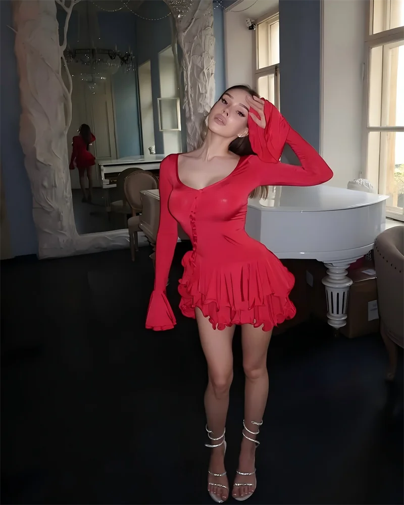 Women's A-Line Bodycon Mini Dress Ruffle Hem V-Neck Asymmetrical Buttons Long Sleeve Short Dress