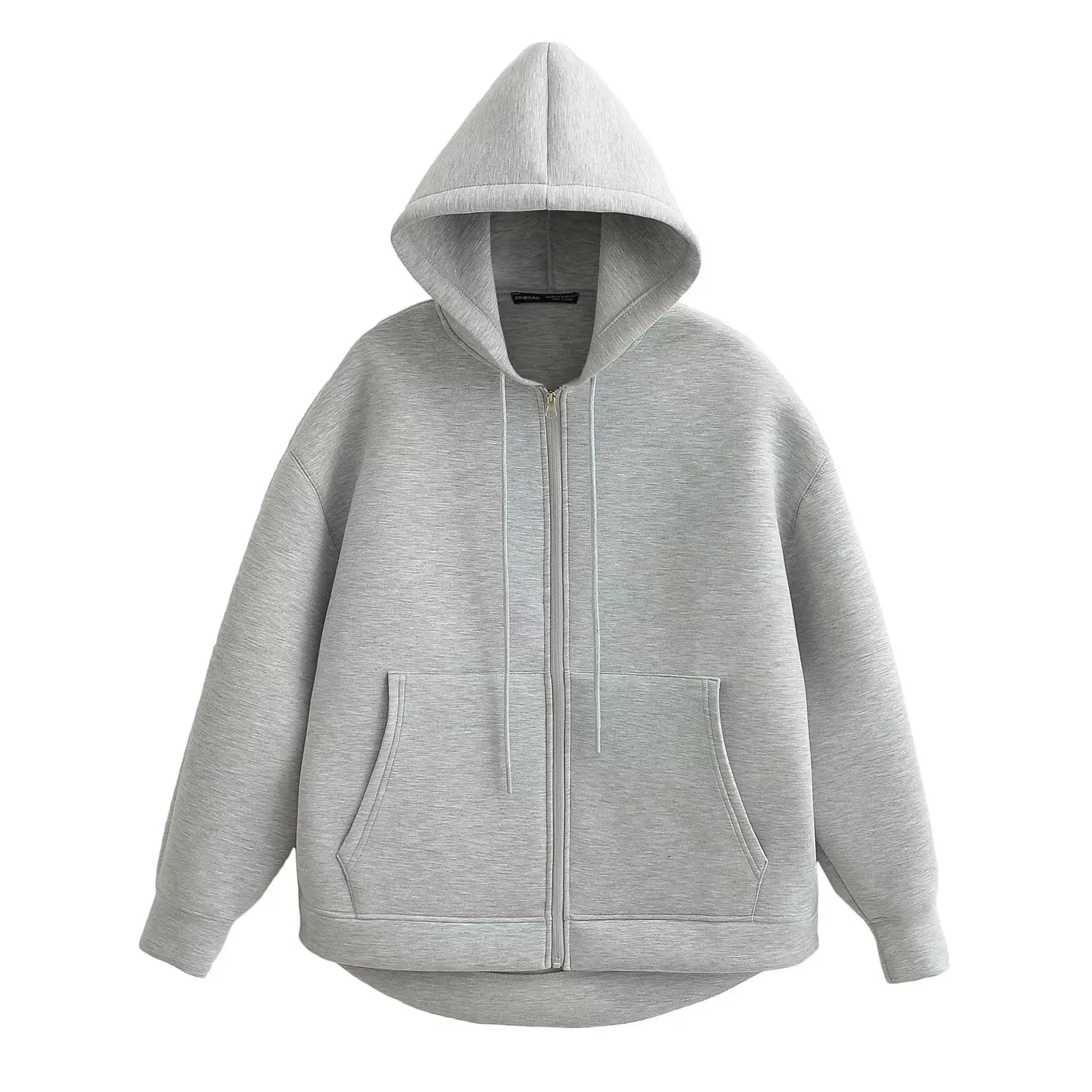 Women Gray Jacket With Hood Long Sleeve Big Pocket Zipper Jacket