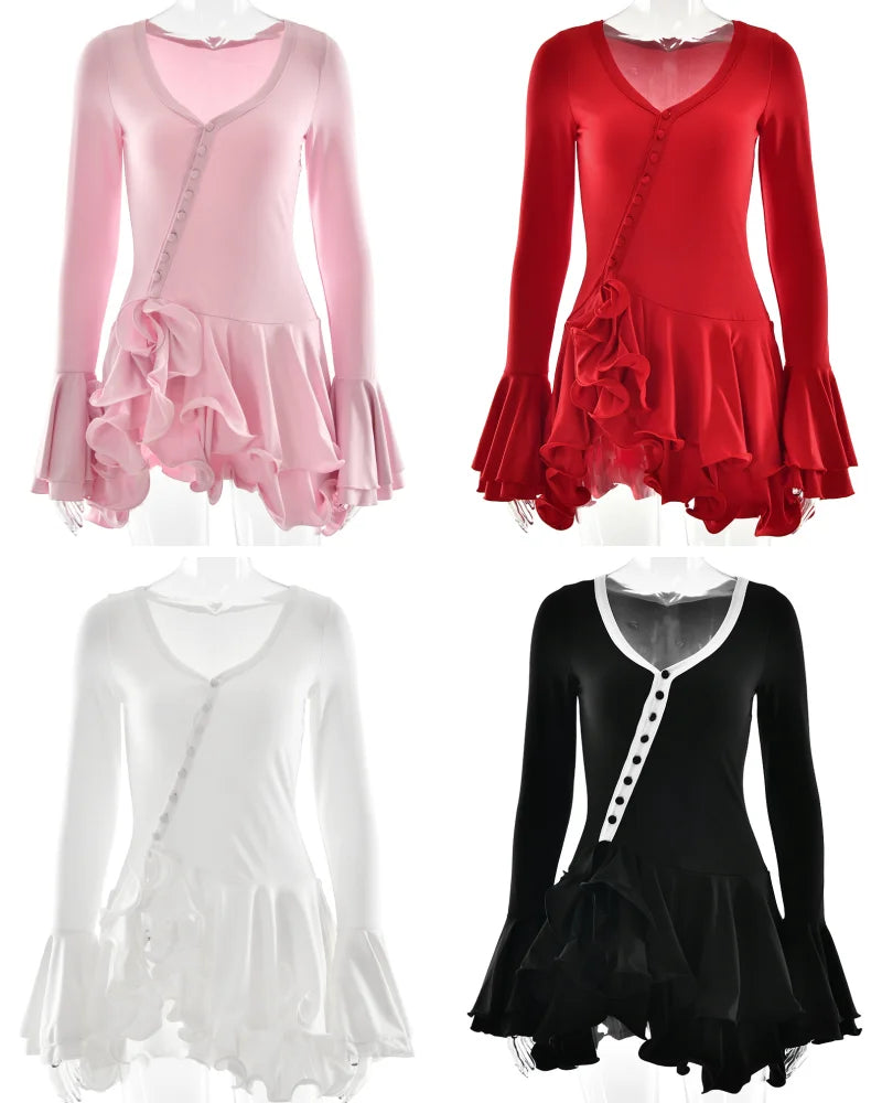 Women's A-Line Bodycon Mini Dress Ruffle Hem V-Neck Asymmetrical Buttons Long Sleeve Short Dress