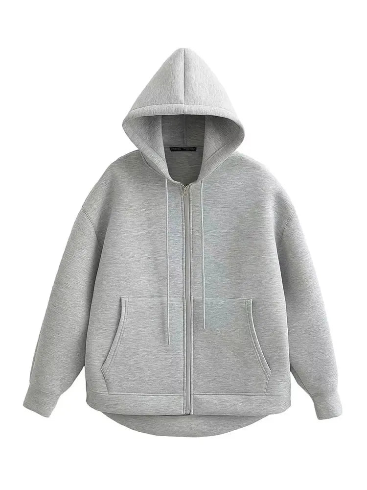 Women Gray Jacket With Hood Long Sleeve Big Pocket Zipper Jacket