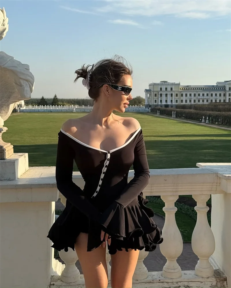 Women's A-Line Bodycon Mini Dress Ruffle Hem V-Neck Asymmetrical Buttons Long Sleeve Short Dress