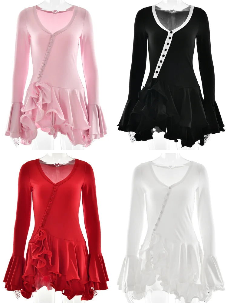 Women's A-Line Bodycon Mini Dress Ruffle Hem V-Neck Asymmetrical Buttons Long Sleeve Short Dress