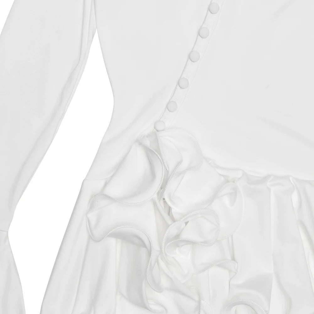 Women's A-Line Bodycon Mini Dress Ruffle Hem V-Neck Asymmetrical Buttons Long Sleeve Short Dress