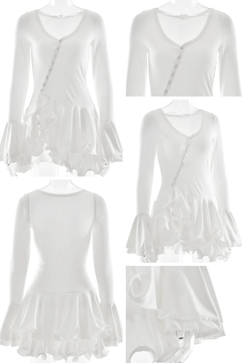 Women's A-Line Bodycon Mini Dress Ruffle Hem V-Neck Asymmetrical Buttons Long Sleeve Short Dress