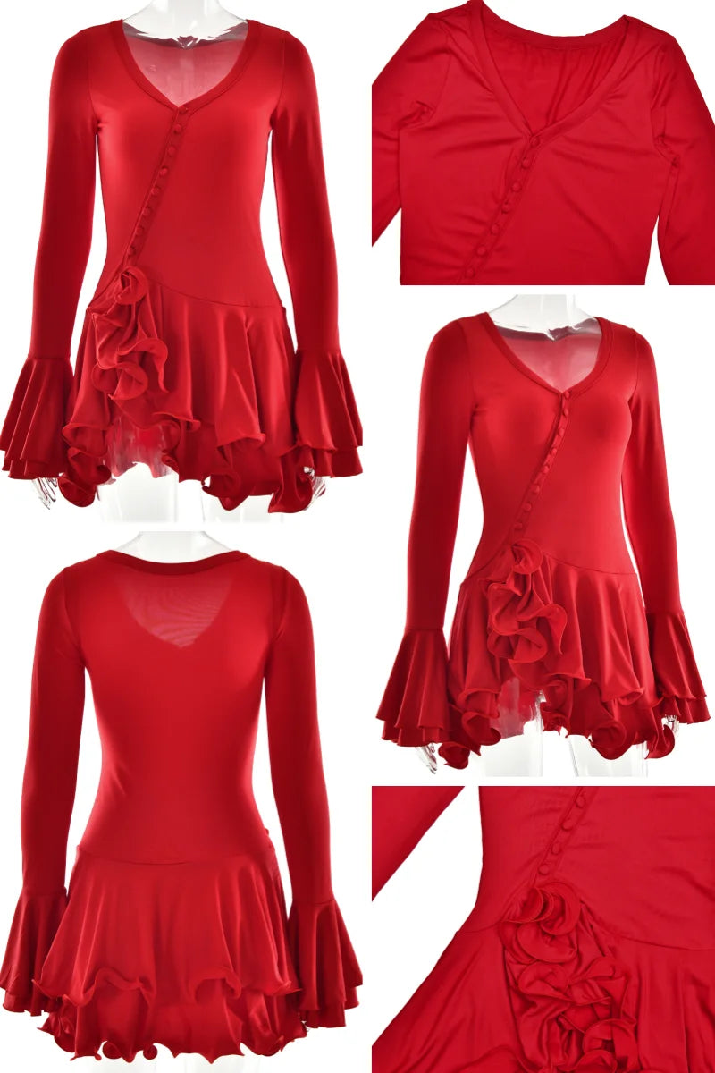 Women's A-Line Bodycon Mini Dress Ruffle Hem V-Neck Asymmetrical Buttons Long Sleeve Short Dress