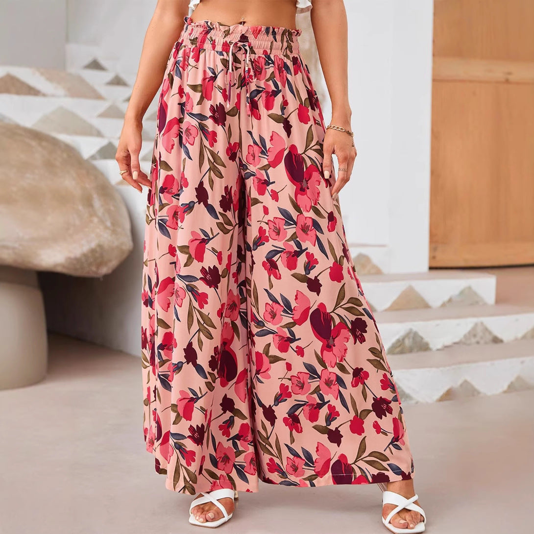 Flowers Printed Wide-leg Trousers Summer Casual Straight Pants For Women Beach Clothing